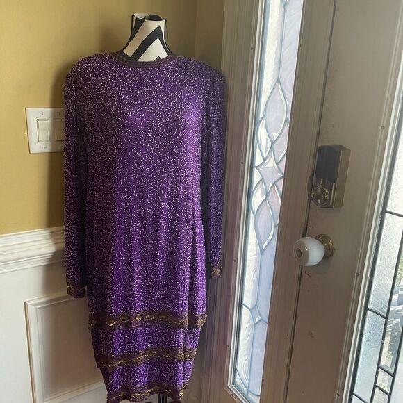 Vintage Carina 100% Silk Purple and Gold  Beaded Formal Midi dress  Size XL - Picture 1 of 16